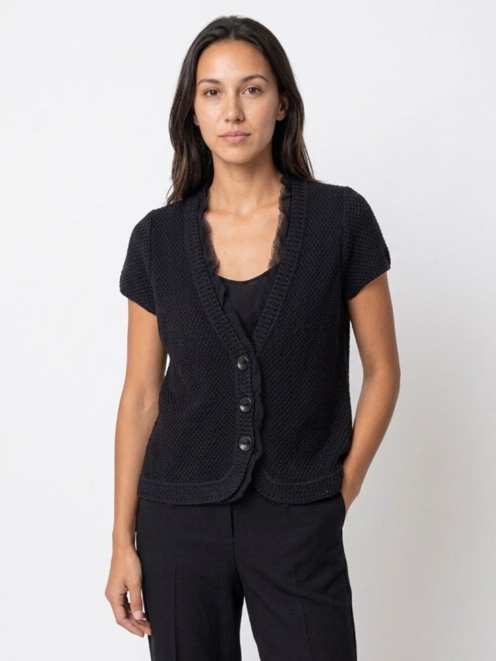 CLASSIQUES ENTIER Black Wool/Linen Blend Short Sleeve Cardigan Sz S